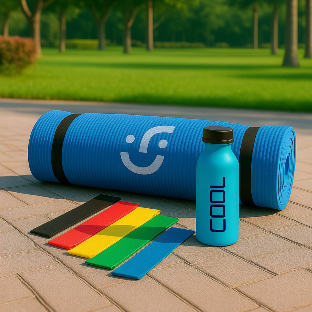 Set de Yoga y Ejercicio - Tapete Azul, Bandas de Resistencia y Botella