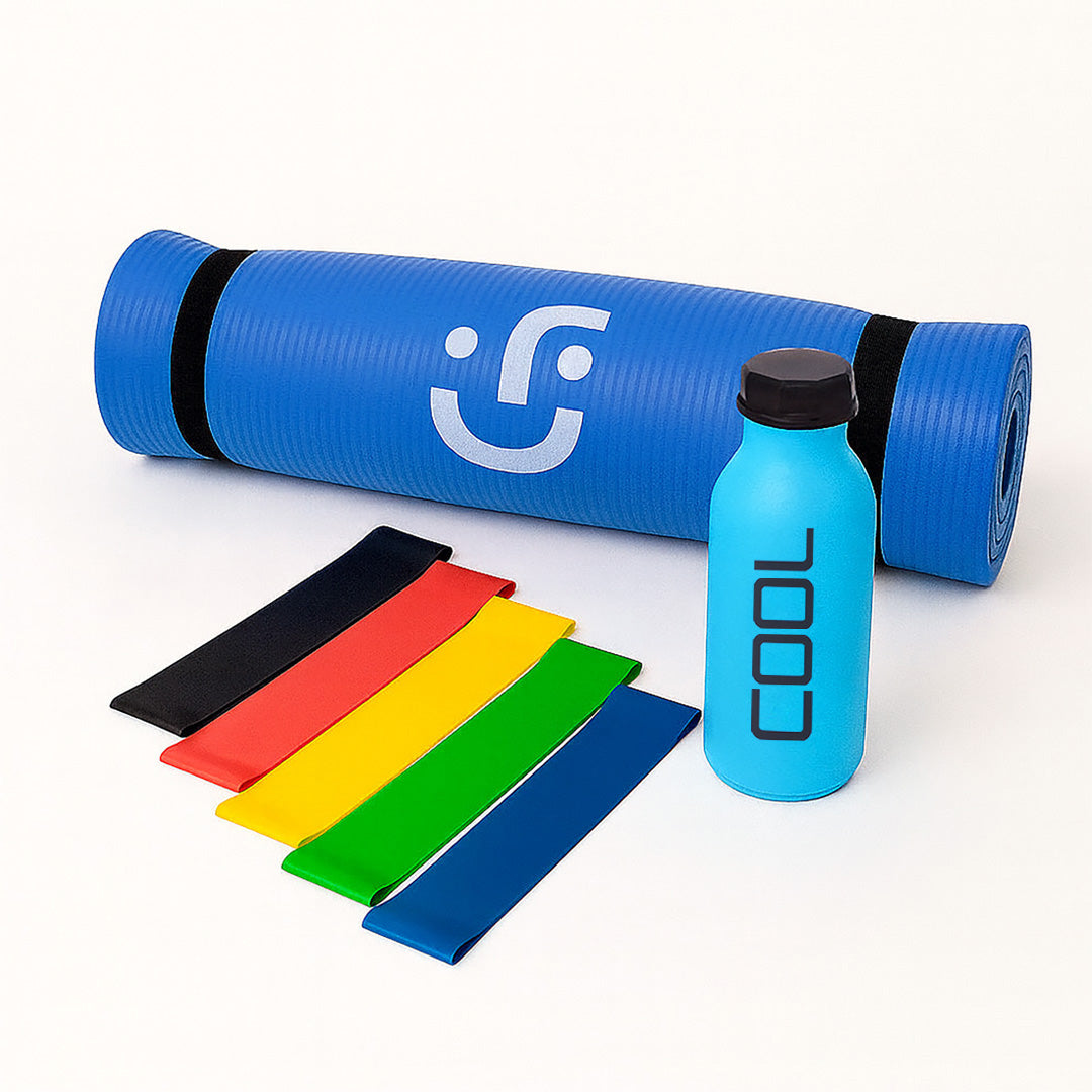 Set de Yoga y Ejercicio - Tapete Azul, Bandas de Resistencia y Botella