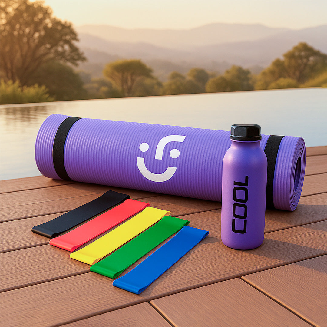 Set de Yoga y Ejercicio - Tapete Morado, Bandas de Resistencia y Botella