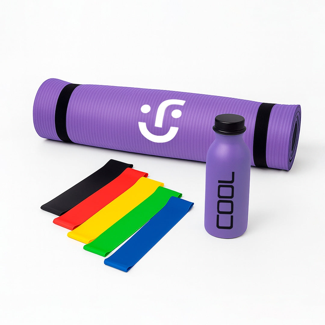 Set de Yoga y Ejercicio - Tapete Morado, Bandas de Resistencia y Botella