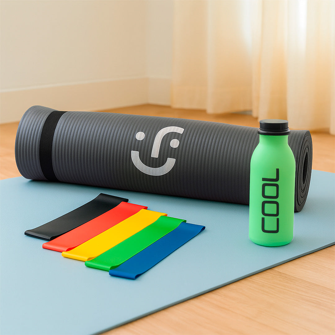 Set de Yoga y Ejercicio - Tapete Gris, Bandas de Resistencia y Botella