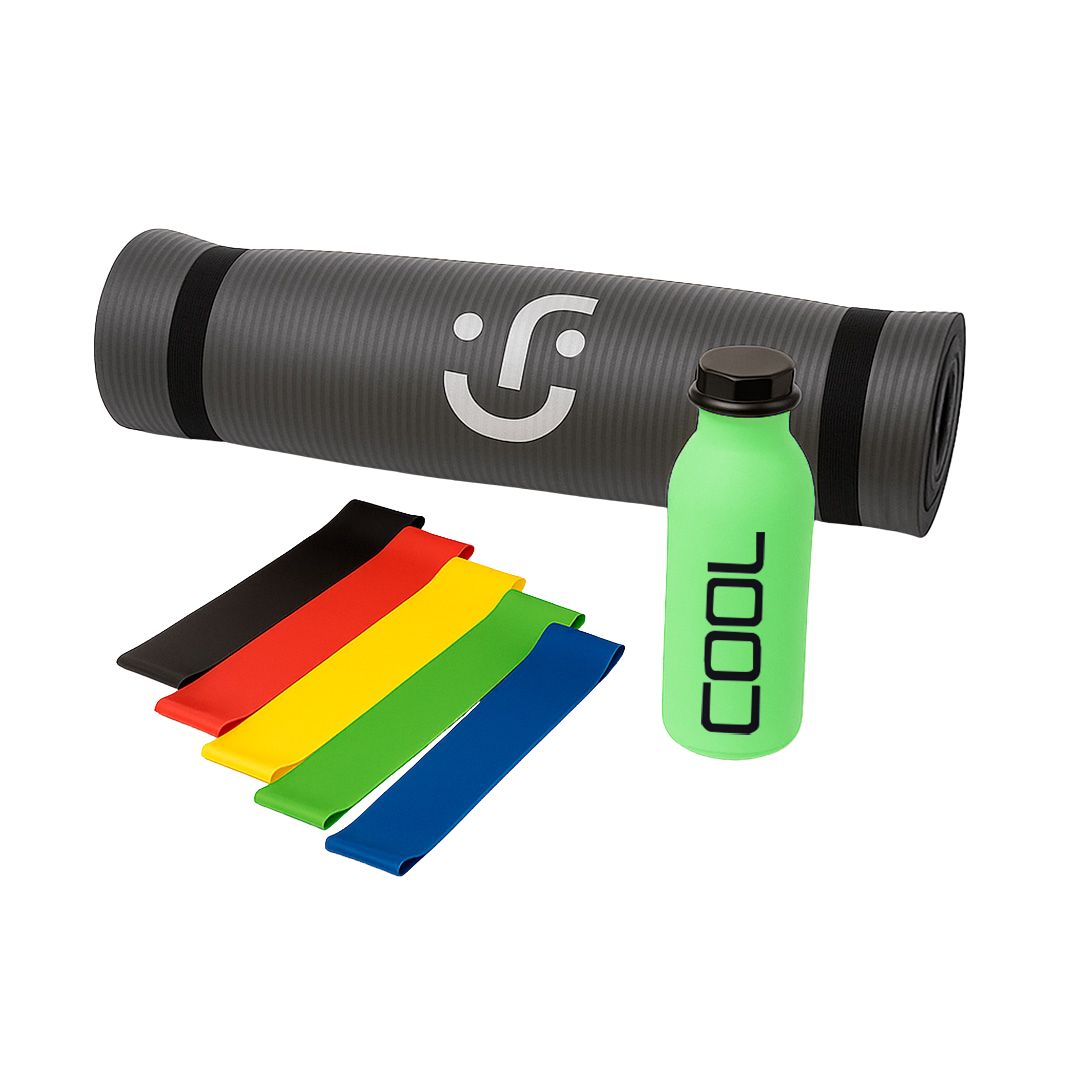 Set de Yoga y Ejercicio - Tapete Gris, Bandas de Resistencia y Botella