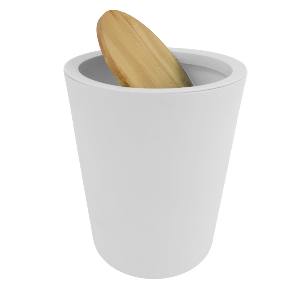 Bote de Basura Blanco con Tapa de Bambú