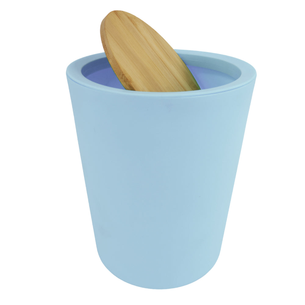 Bote De Basura Azul Con Tapa De Bambú