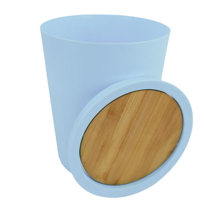 Bote De Basura Azul Con Tapa De Bambú
