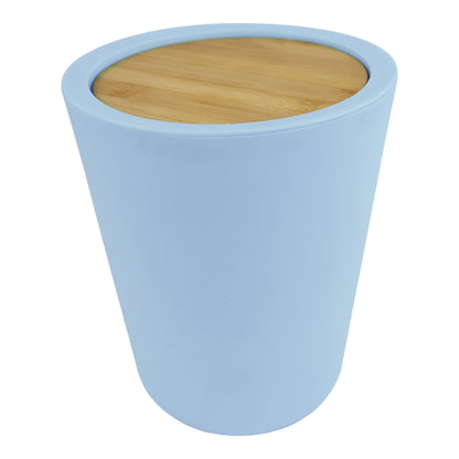 Bote De Basura Azul Con Tapa De Bambú