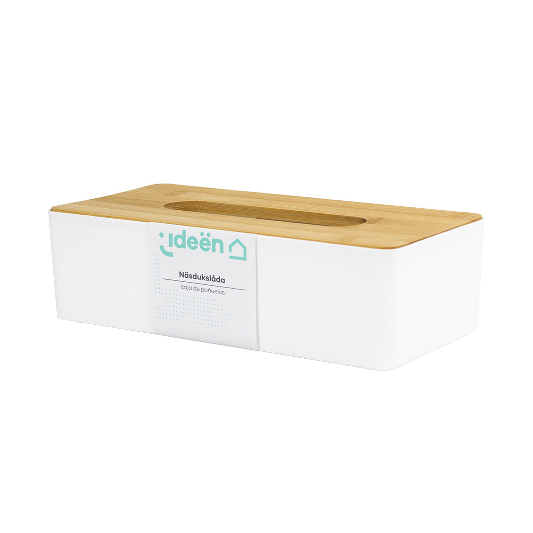 Caja de Pañuelos con Tapa de Bambú (26x13x7.2 cm) | Color Blanco - Elegancia Natural y Practicidad para tu Espacio