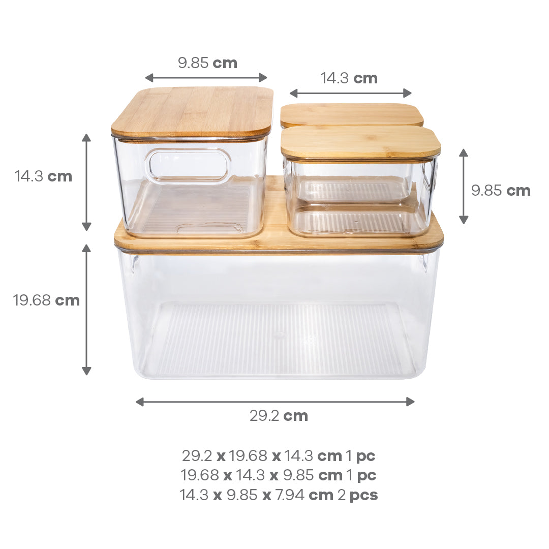 Set de 4 Cajas de Acrílico Transparente con Tapa de Bambú