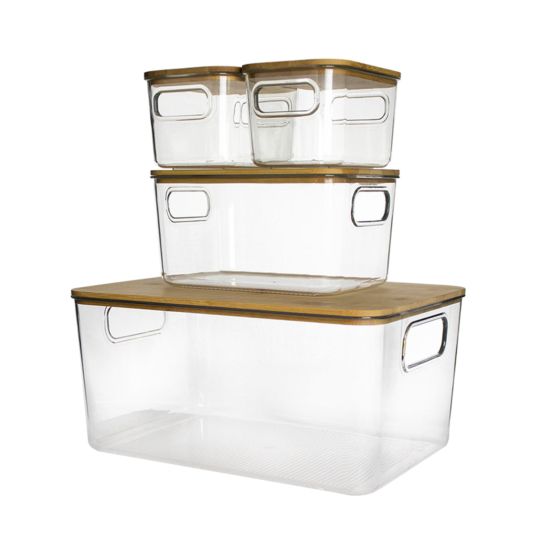 Set de 4 Cajas de Acrílico Transparente con Tapa de Bambú