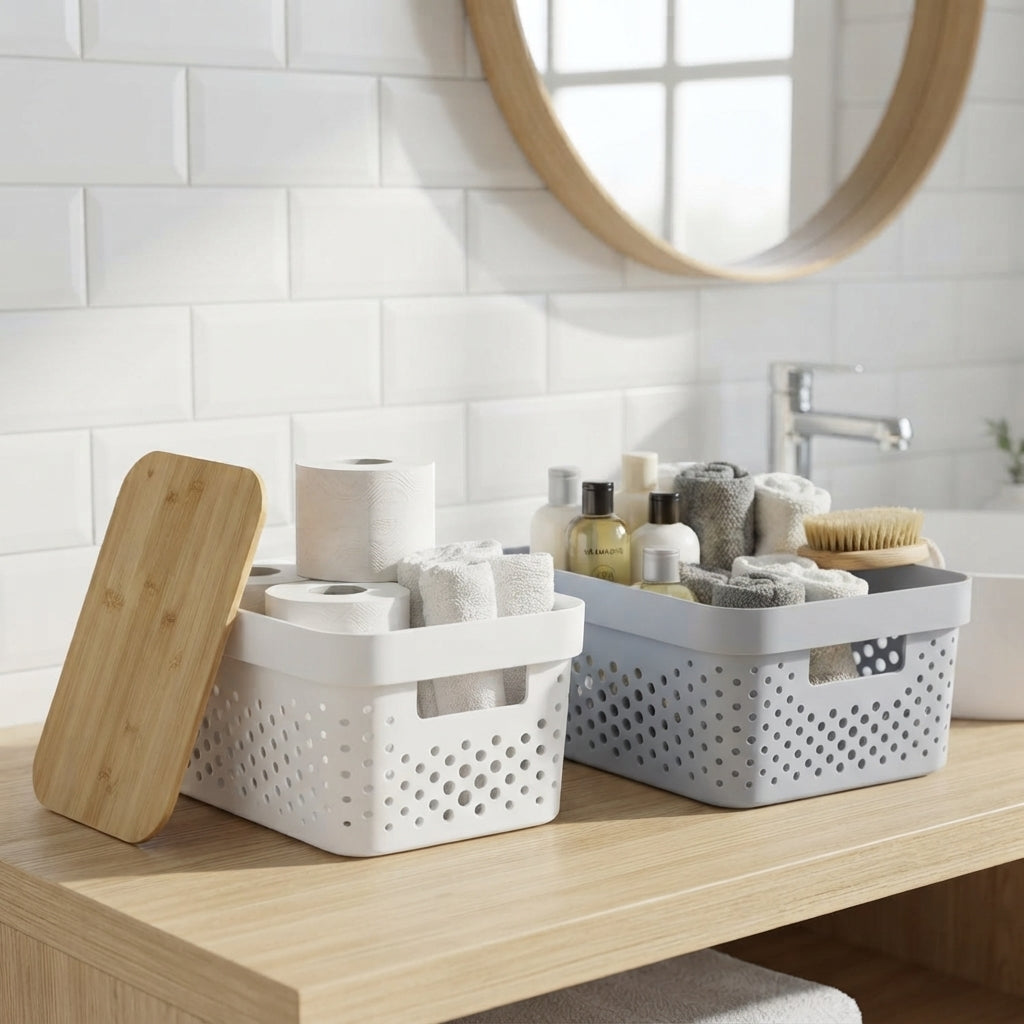 Cesta Organizadora Chica con Tapa de Bambú Gris 26x12x15 cm