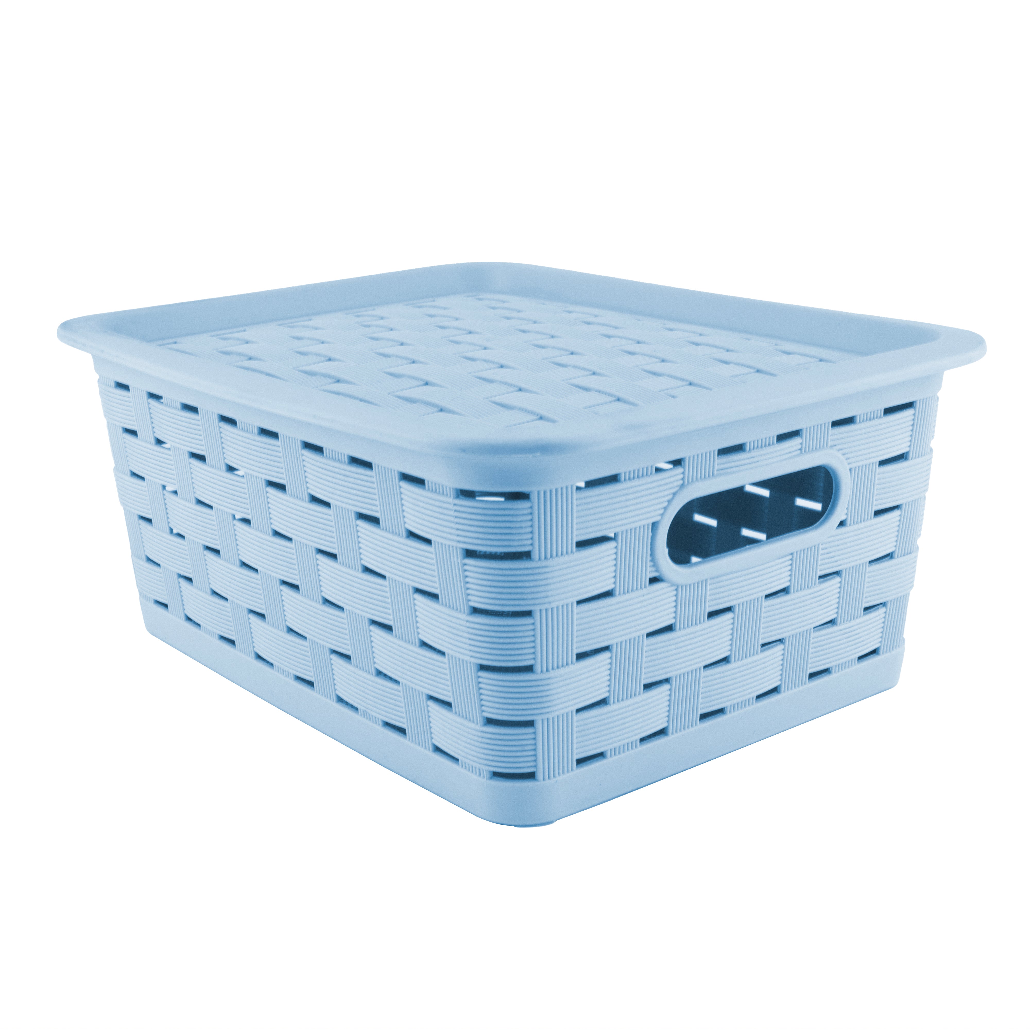 Cesta de Plástico Tipo Rattan con Tapa - Azul Cielo