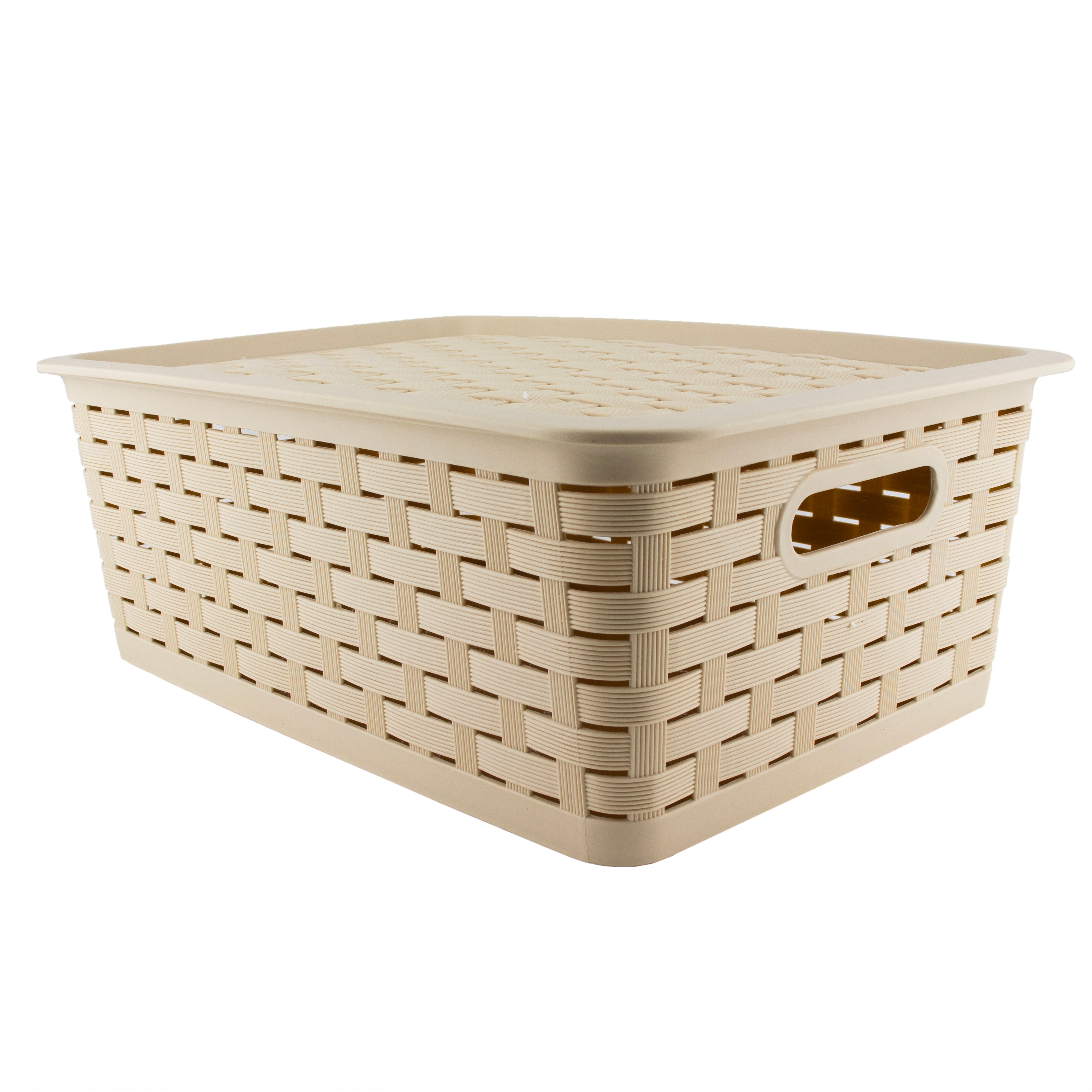Cesta de Plástico Tipo Rattan con Tapa - Café