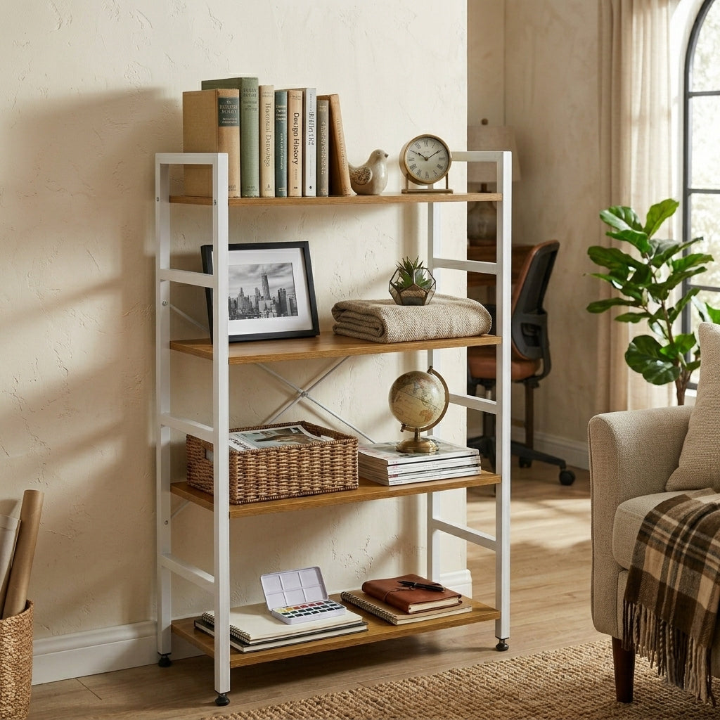 Librero de Estilo Industrial con 4 Estantes de Madera Clara