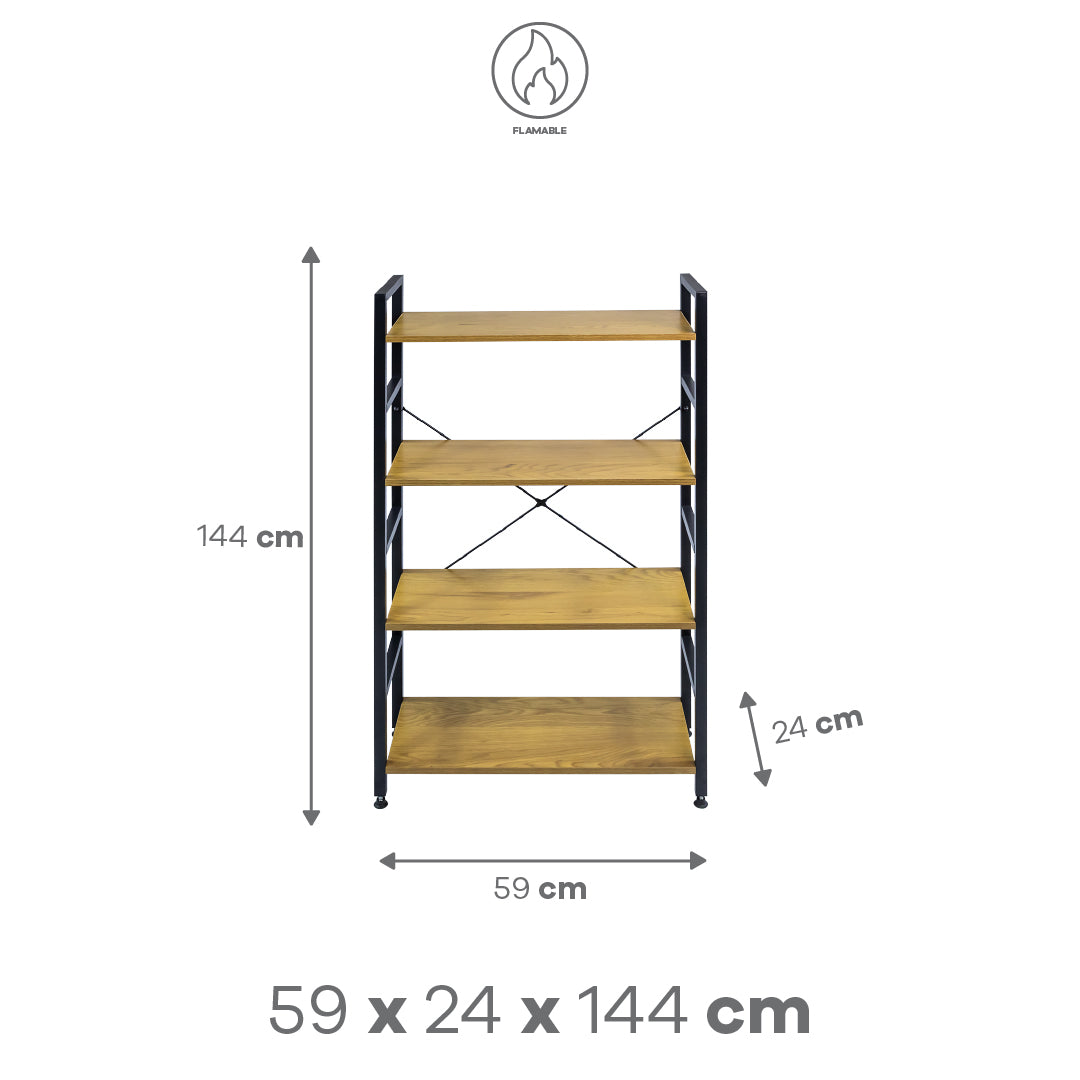 Librero de Estilo Industrial Ligero con 4 Estantes de Madera Clara, Color Negro (59x24x144 cm)