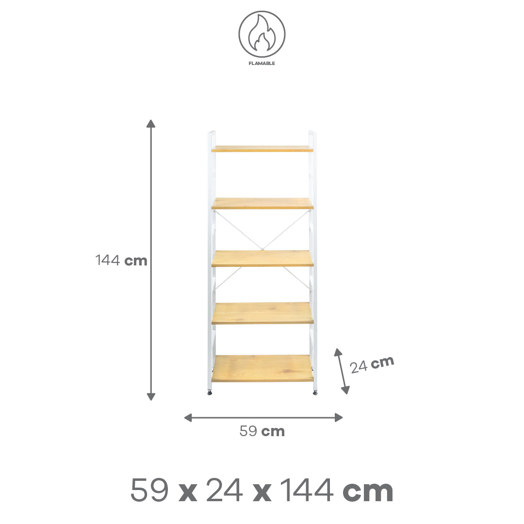 Librero de Estilo Industrial Ligero con 5 Estantes de Madera Clara (59x24x144 cm)