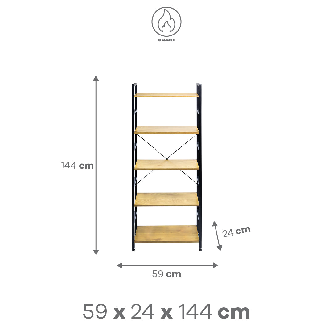 Librero de Estilo Industrial Ligero con 5 Estantes de Madera Clara, Color Negro (59x24x144 cm)