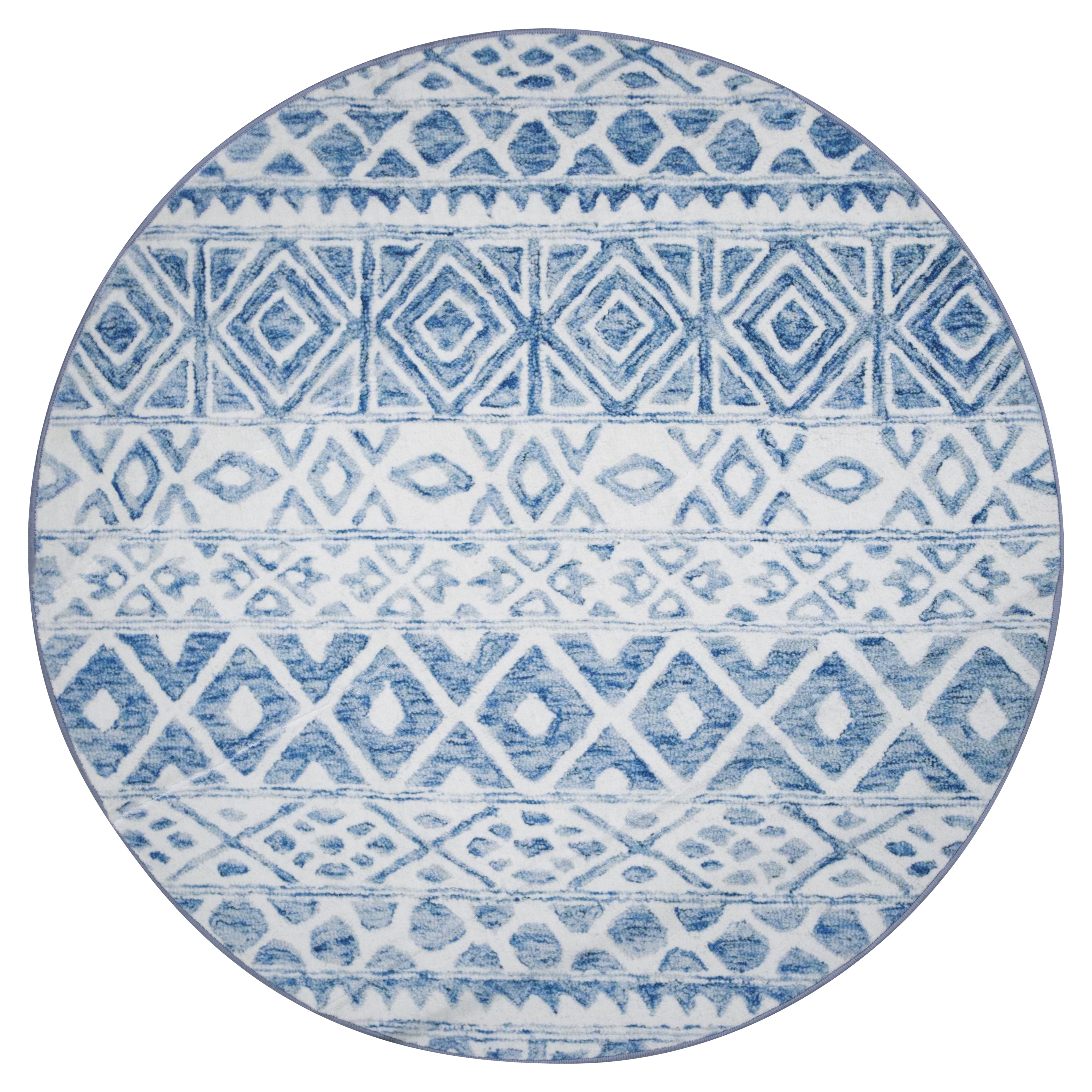 Alfombra Redonda Tribal Azul y Crema - 120 cm