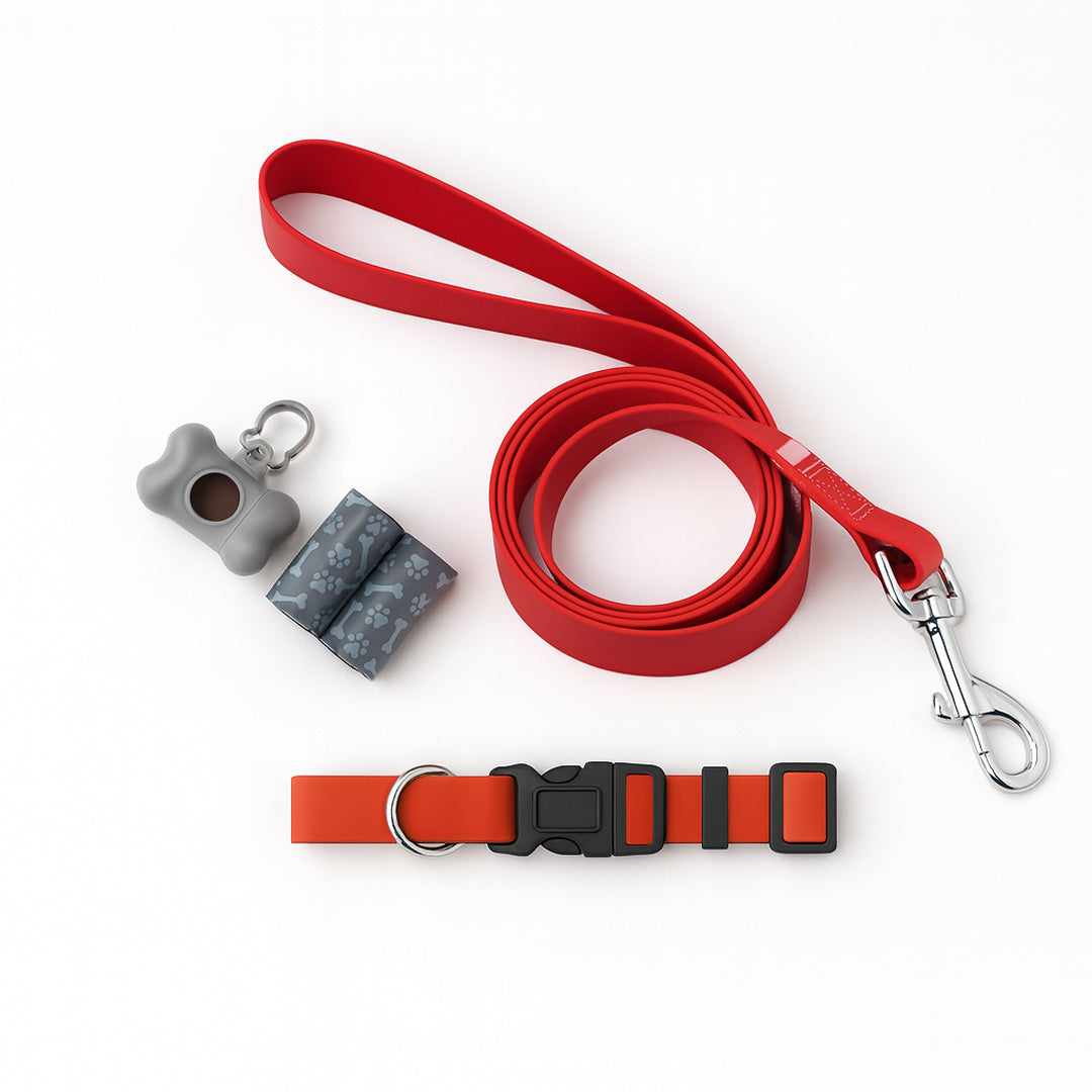 Set de Paseo para Mascota: Collar, Correa y Dispensador - Color Rojo
