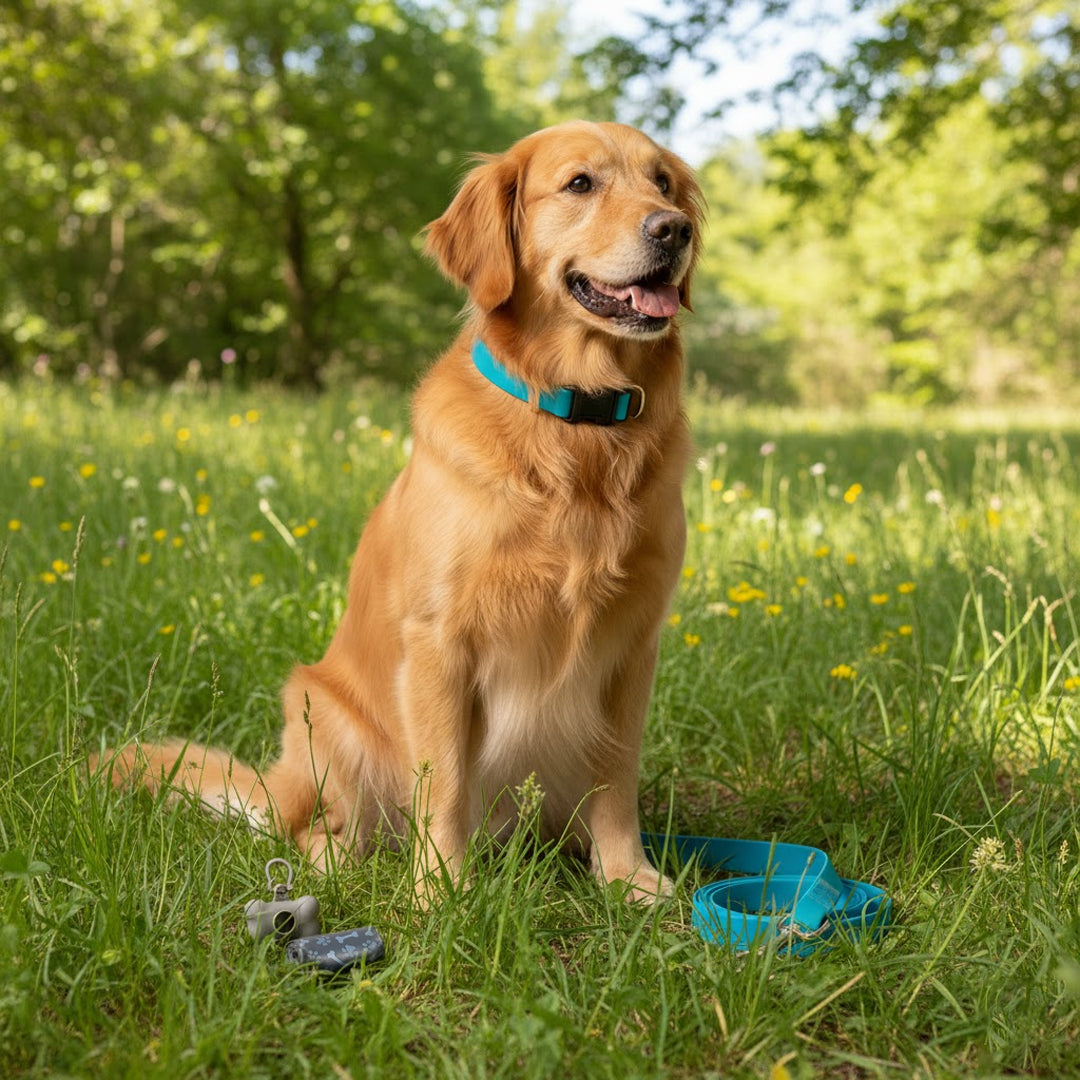 Set de Paseo para Mascota: Collar, Correa y Dispensador - Color Azul