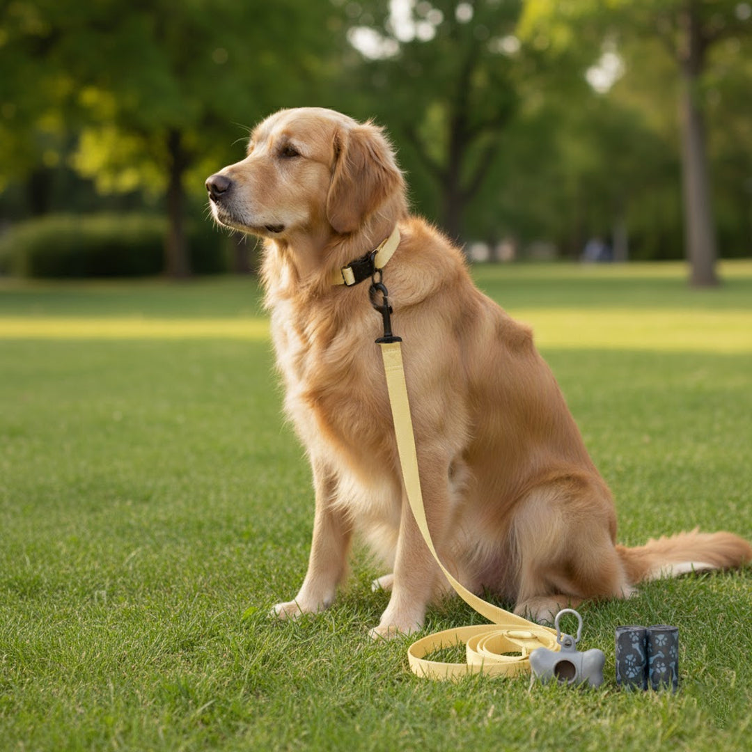 Set Paseo Mascota Reflejante: Correa, Collar y Dispensador de Bolsas - Color Beige