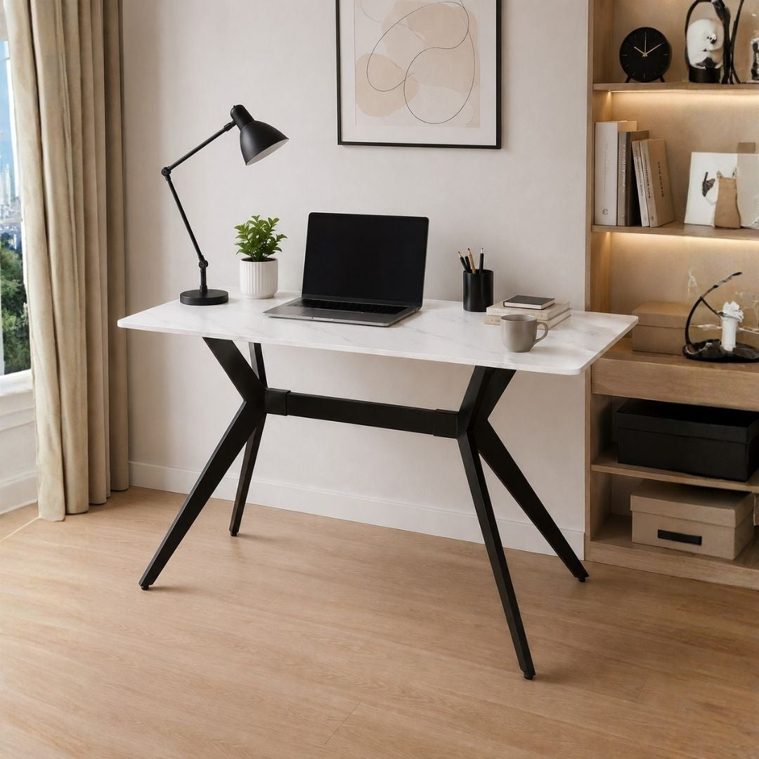 Mesa de Escritorio Blanco – Base de Metal Negra 120 cm