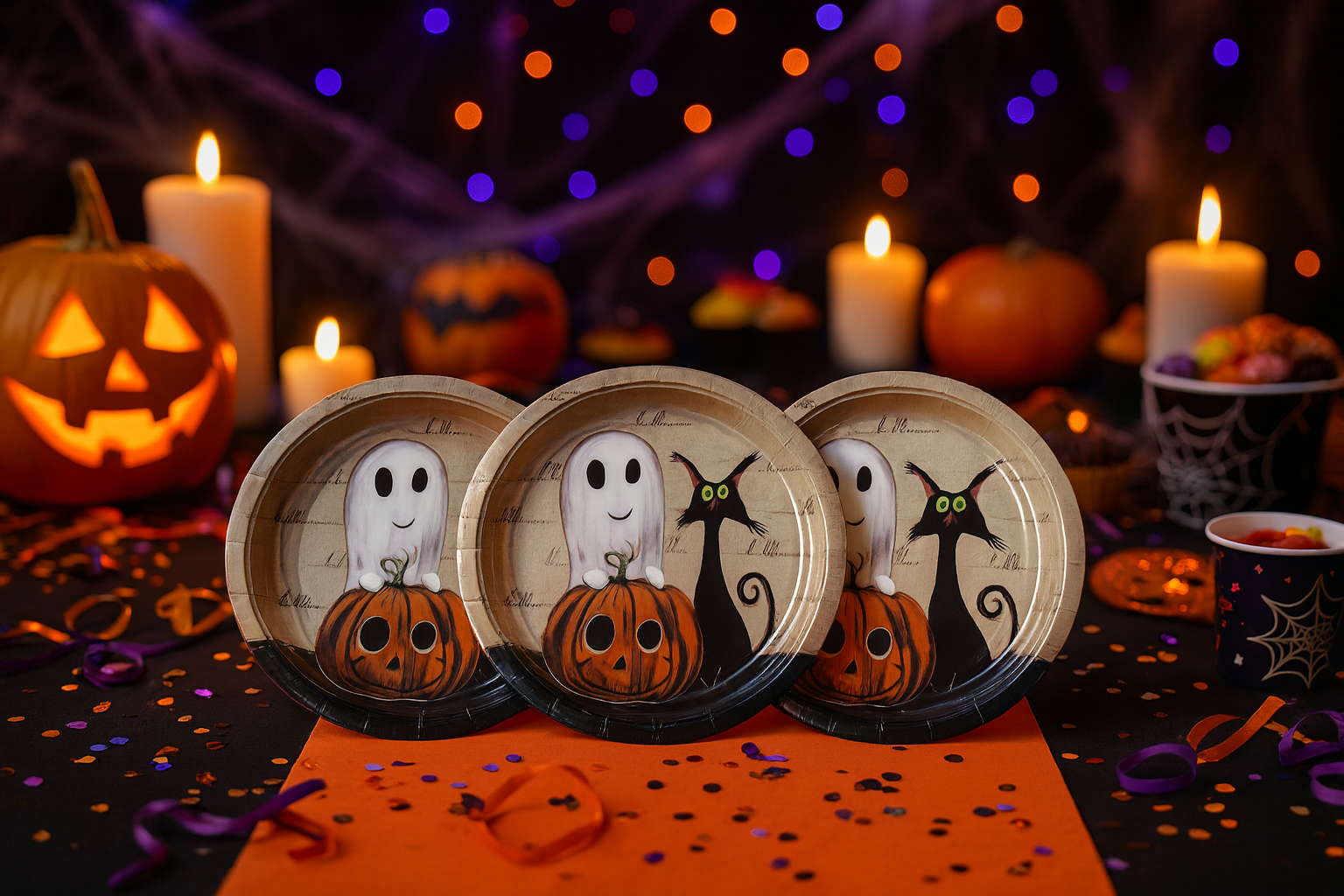Set de Platos de Fiesta de Halloween - Fantasma y Gato Negro