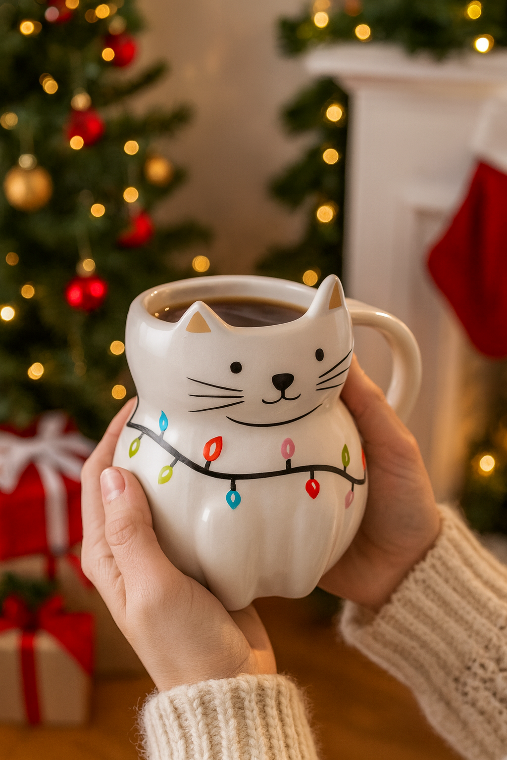 Taza Gato Luces Navideñas - Cerámica 470 ml.