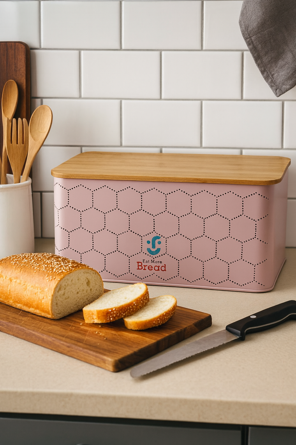 Contenedor Metálico Rectangular con Tapa de Bambú - Panera