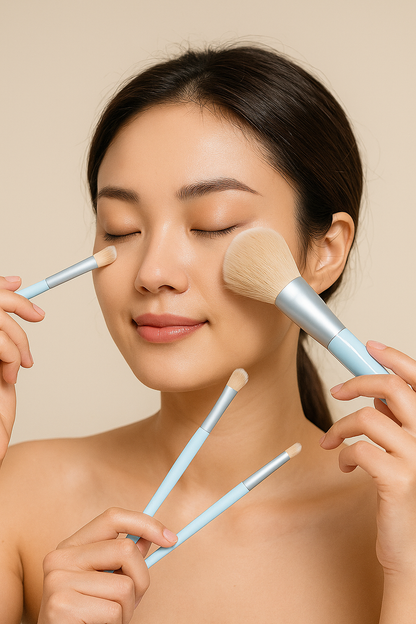 Cosmetiquera Plata con 9 Brochas de Maquillaje