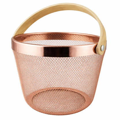 Cesta Metálica Oro Rosa Asa De bambú - Redonda