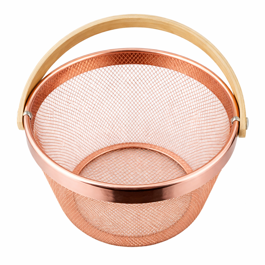 Cesta Metálica Oro Rosa Asa De bambú - Redonda