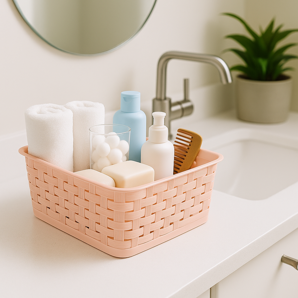 Cesta de Plástico Tipo Rattan con Tapa - Rosa