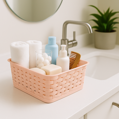 Cesta de Plástico Tipo Rattan con Tapa - Rosa