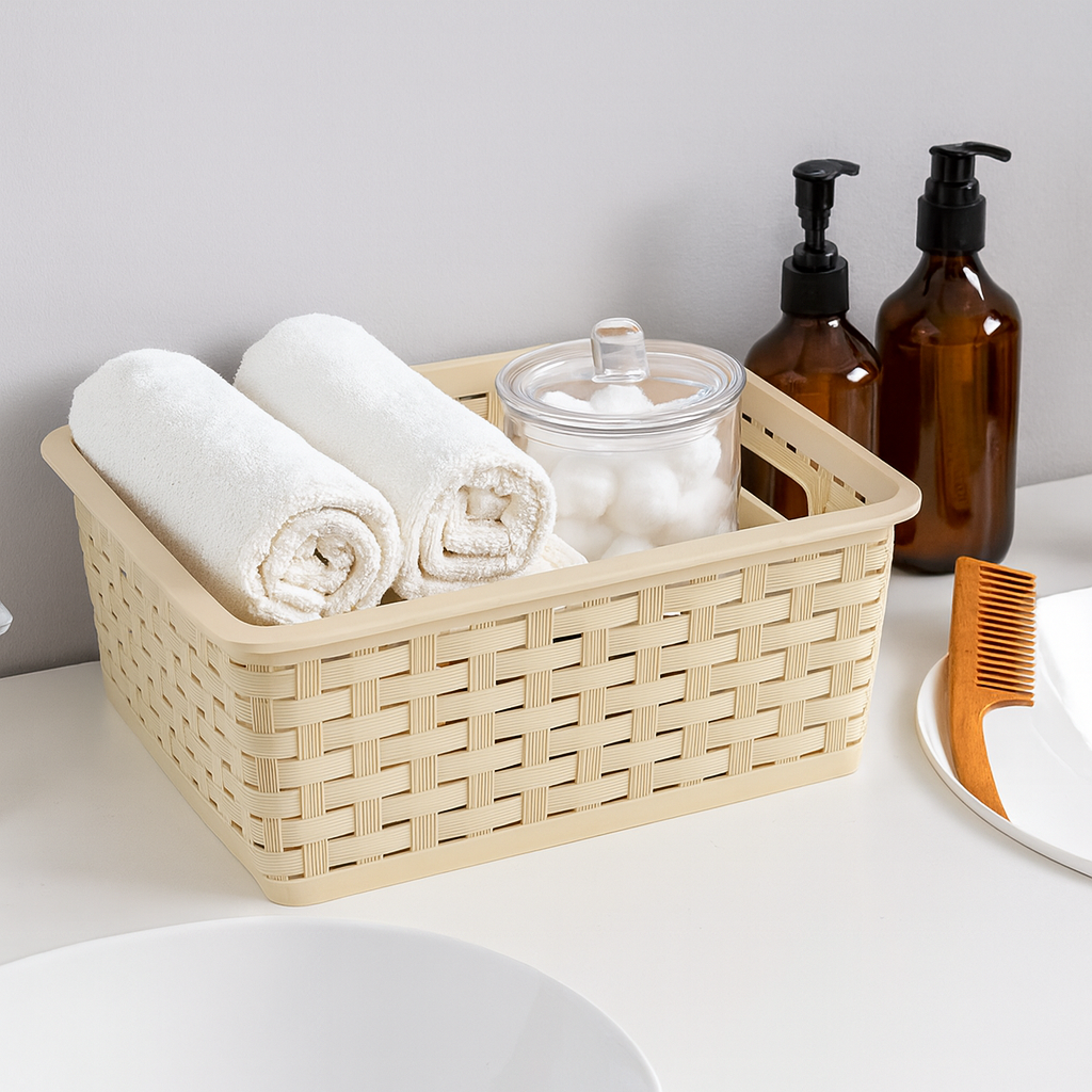 Cesta de Plástico Tipo Rattan con Tapa - Café