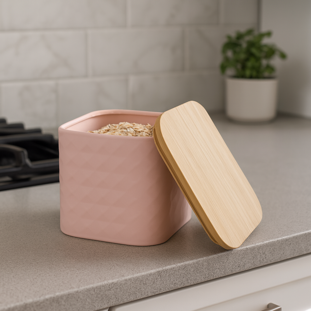 Contenedor Metálico Cuadrado Rosa con Tapa de Madera