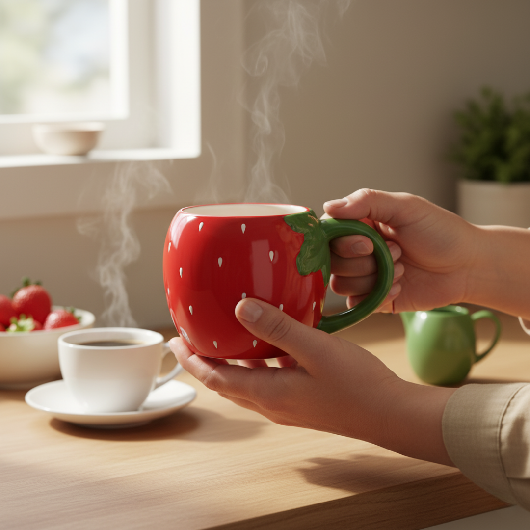 Taza de Cerámica 3D - 300 ml  Fresa con Asa Verde