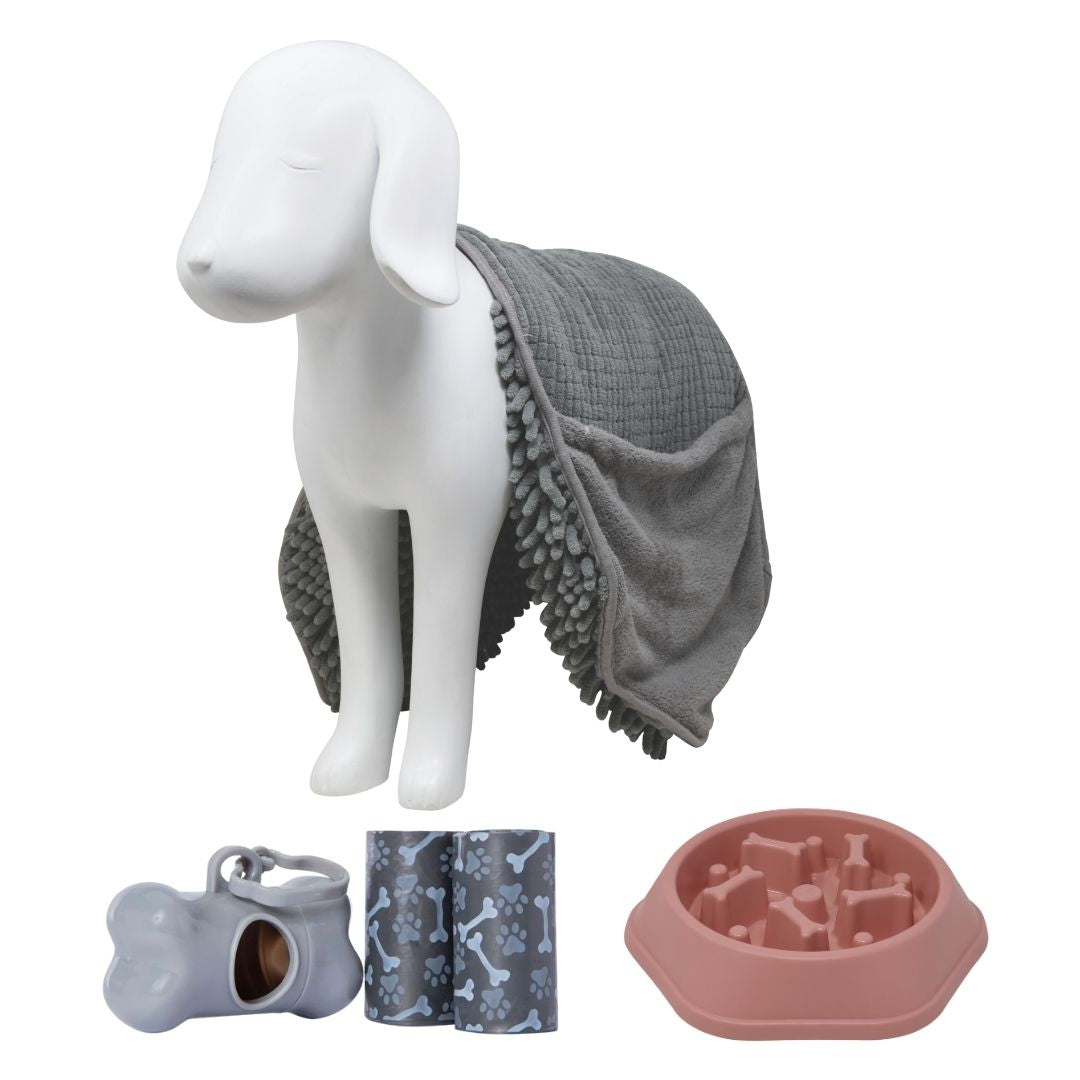 Kit Mascota: Porta Bolsas, Plato Lento Rosa y Toalla