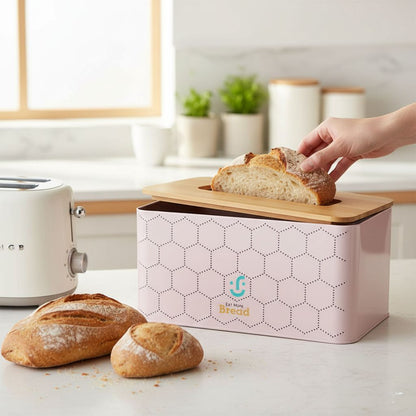 Contenedor Metálico Rectangular con Tapa de Bambú - Panera