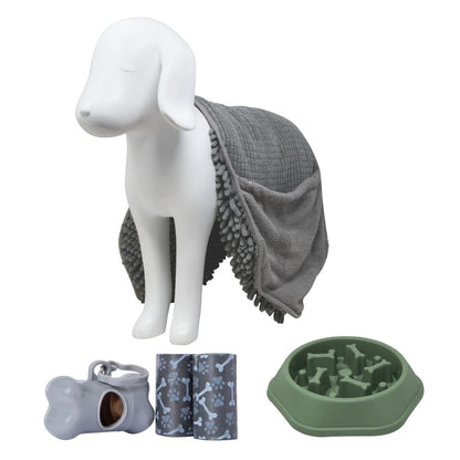 Kit Mascota: Porta Bolsas, Plato Lento Verde y Toalla