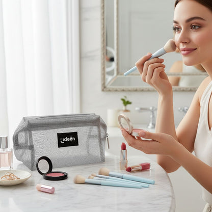 Cosmetiquera Plata con 9 Brochas de Maquillaje