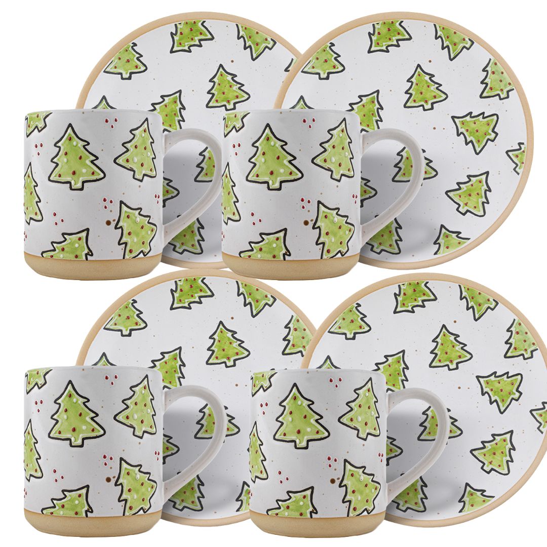 Set de Plato y Taza para 4 Personas - Árbol de Navidad 8 piezas