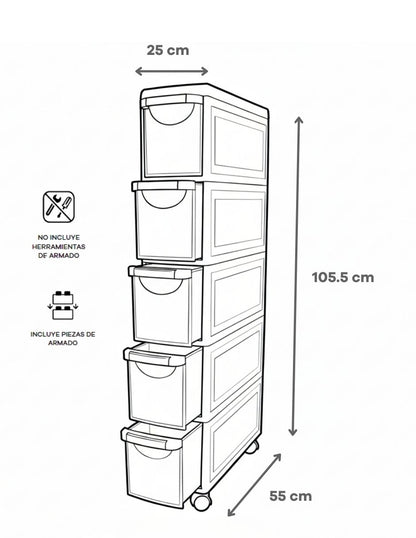 Gabinete Organizador con 5 Cajones y Ruedas