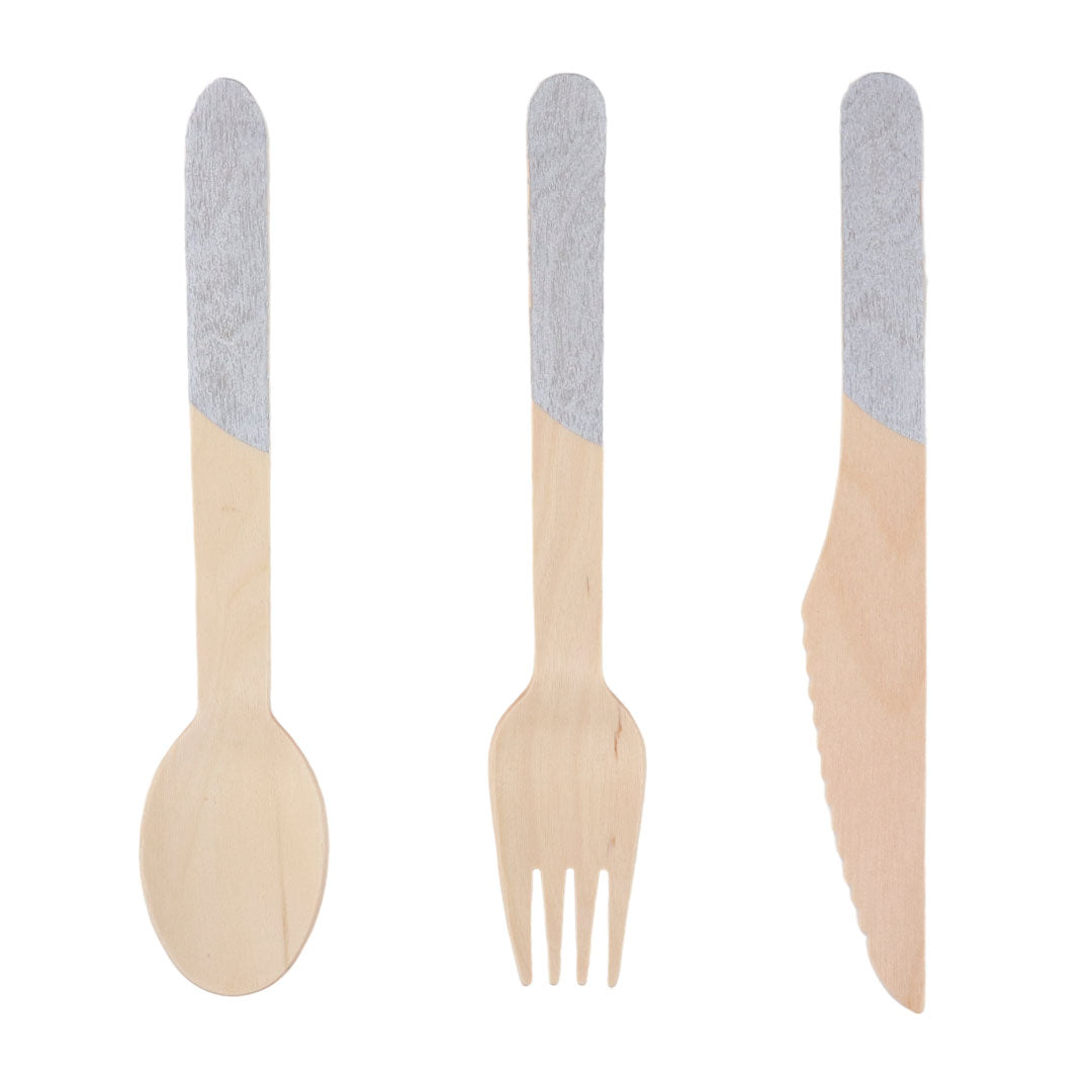 Set de Cubiertos de Madera para Fiesta Plata Asimetrico - 24 Piezas