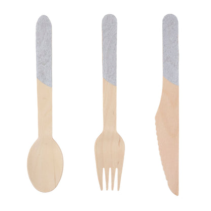 Set de Cubiertos de Madera para Fiesta Plata Asimetrico - 24 Piezas