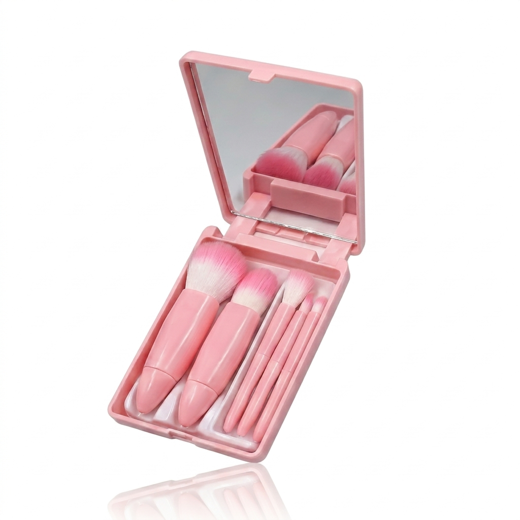 Set de Brochas de Maquillaje Portátil de 5 Piezas con Estuche y Espejo Variocolor