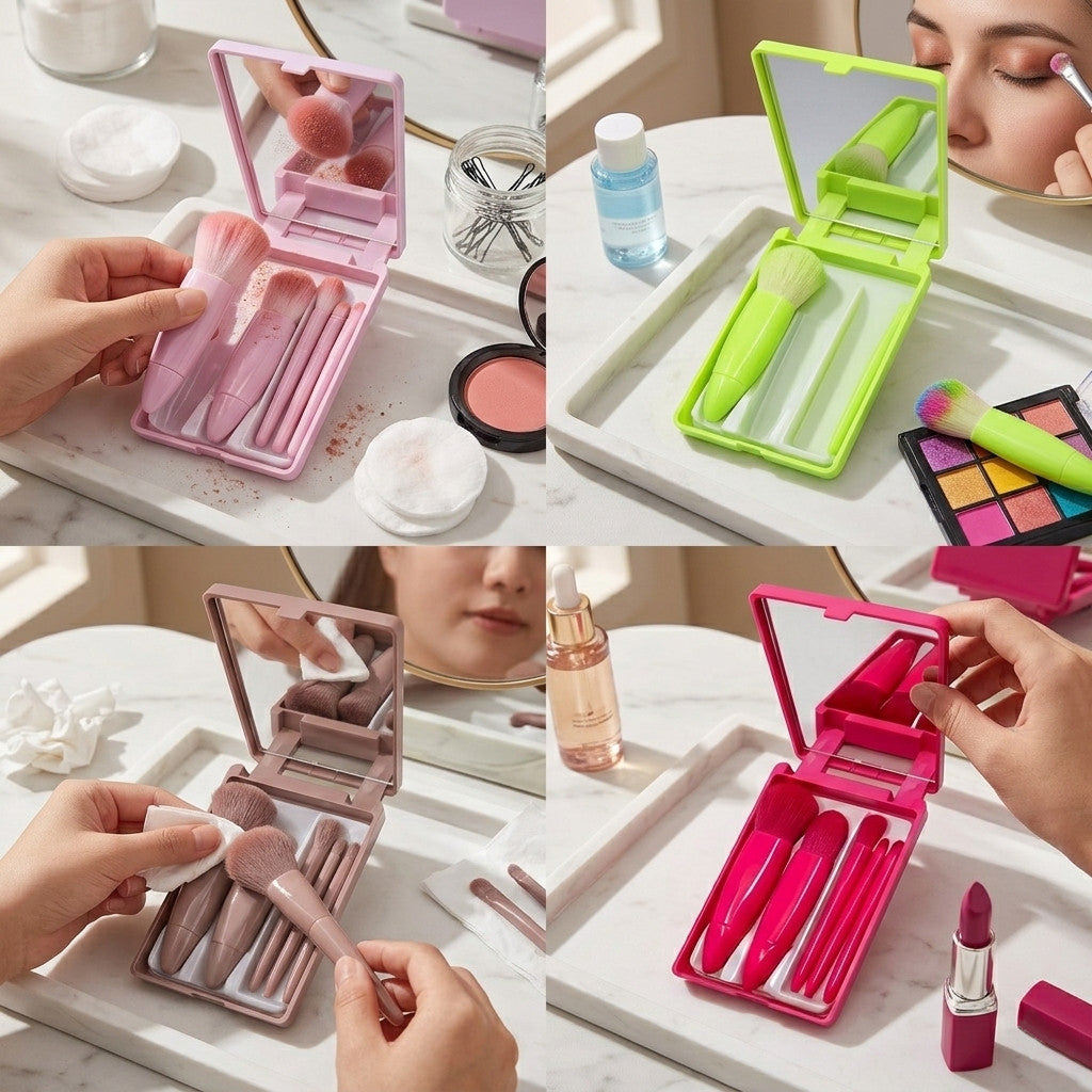 Set de Brochas de Maquillaje Portátil de 5 Piezas con Estuche y Espejo Variocolor