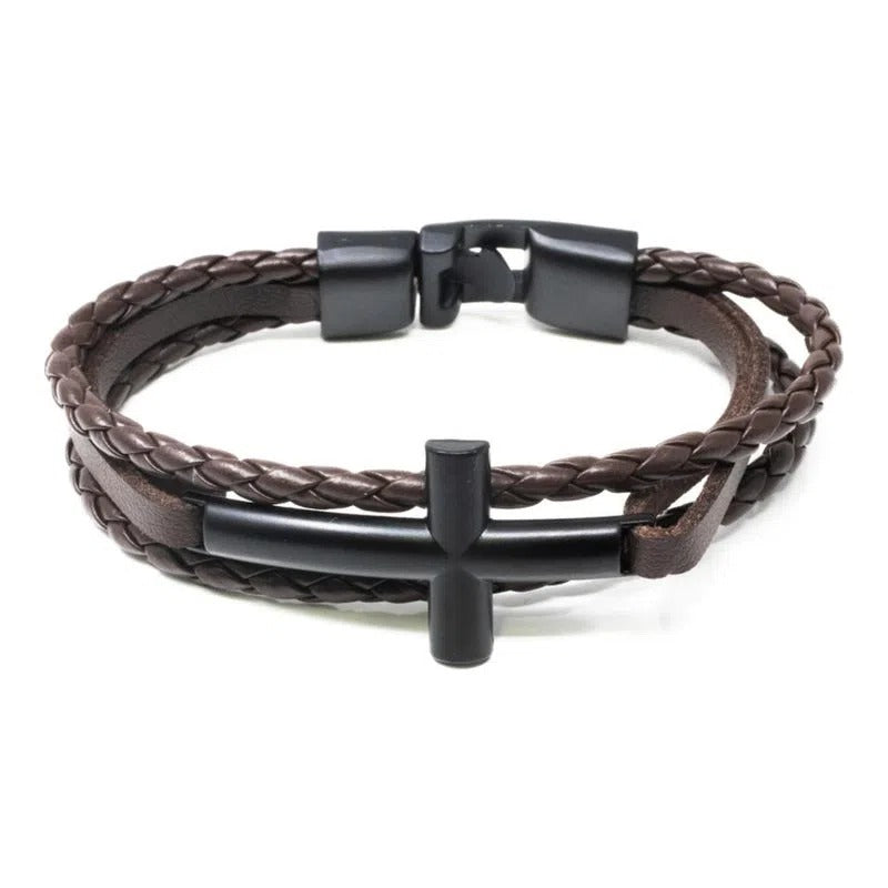 Pulsera para Hombre Café con Crucifijo – Estilo Religioso y Sofisticado