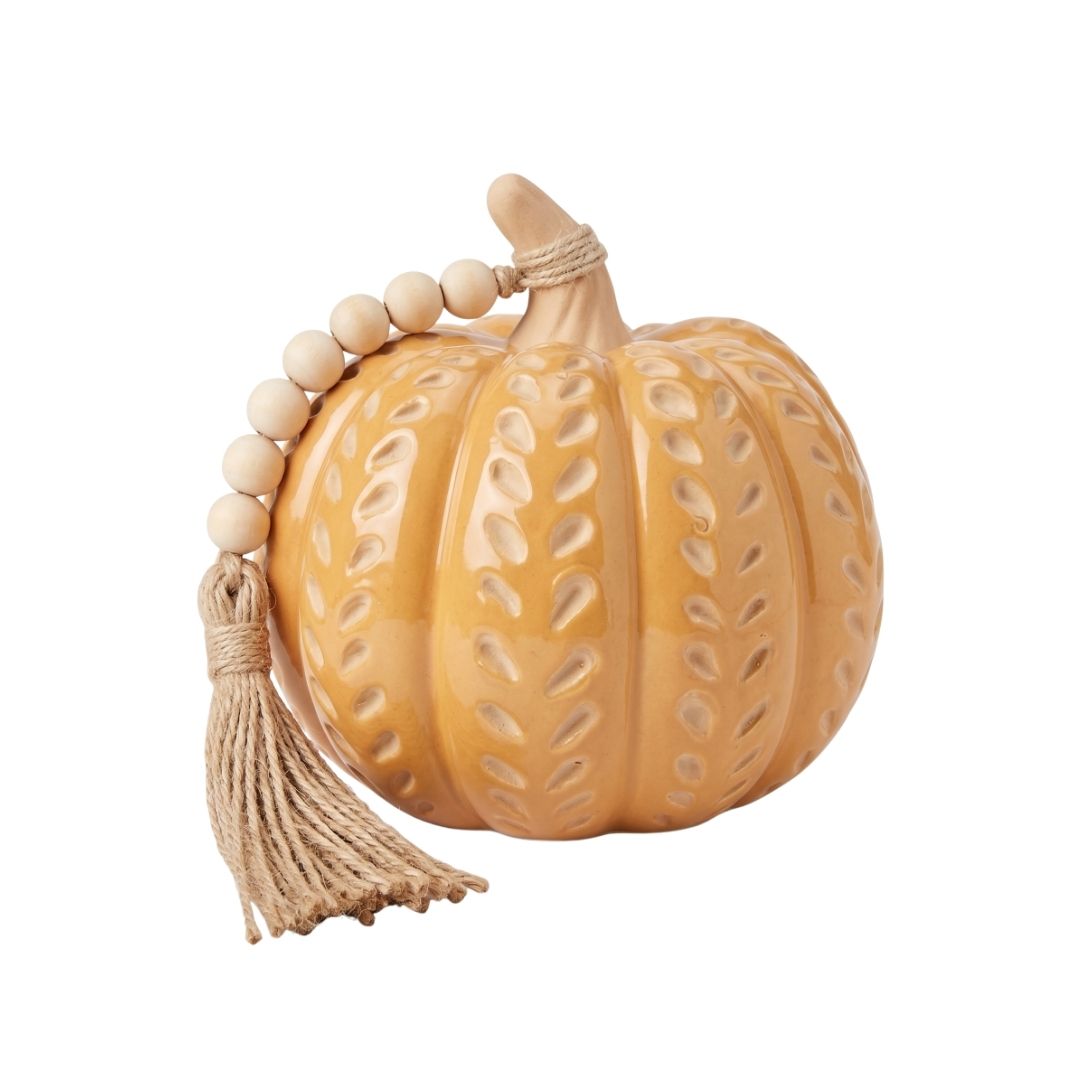 Calabaza Decorativa de Cerámica Mostaza con Cuentas 15 x 13 cm