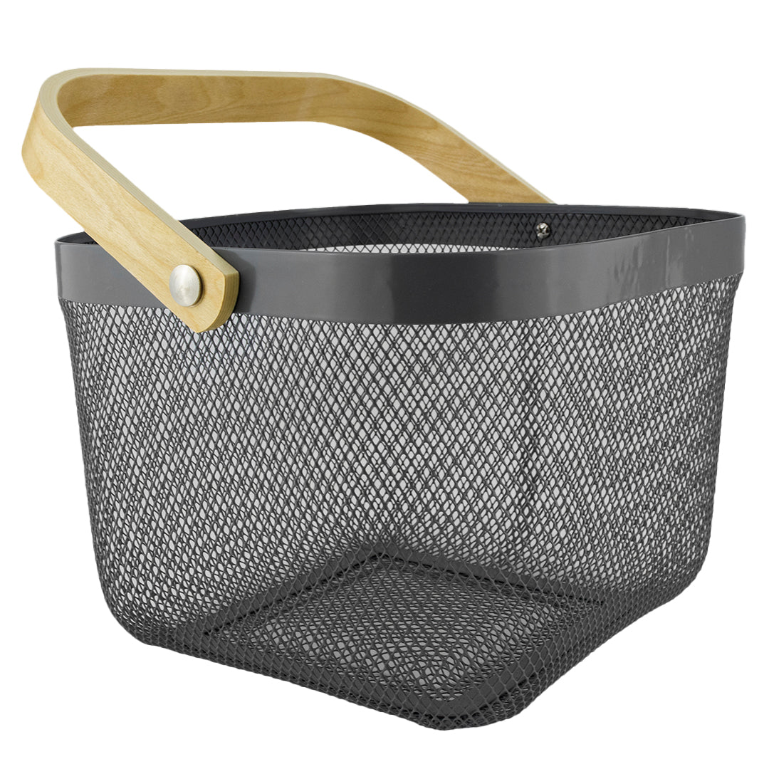 Cesta Metálica Gris Asa De Bambú - Cuadrada
