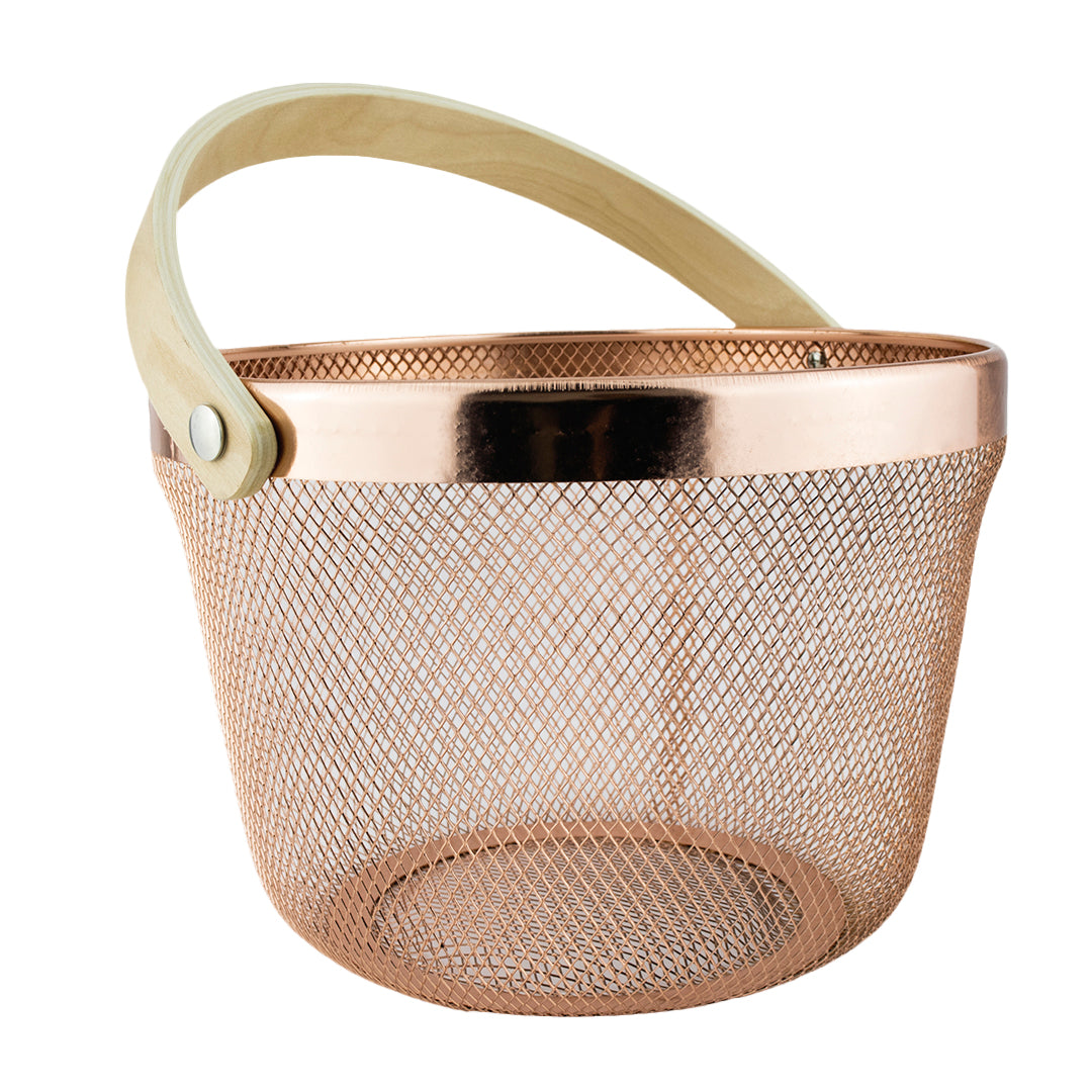 Cesta Metálica Oro Rosa Asa De bambú - Redonda